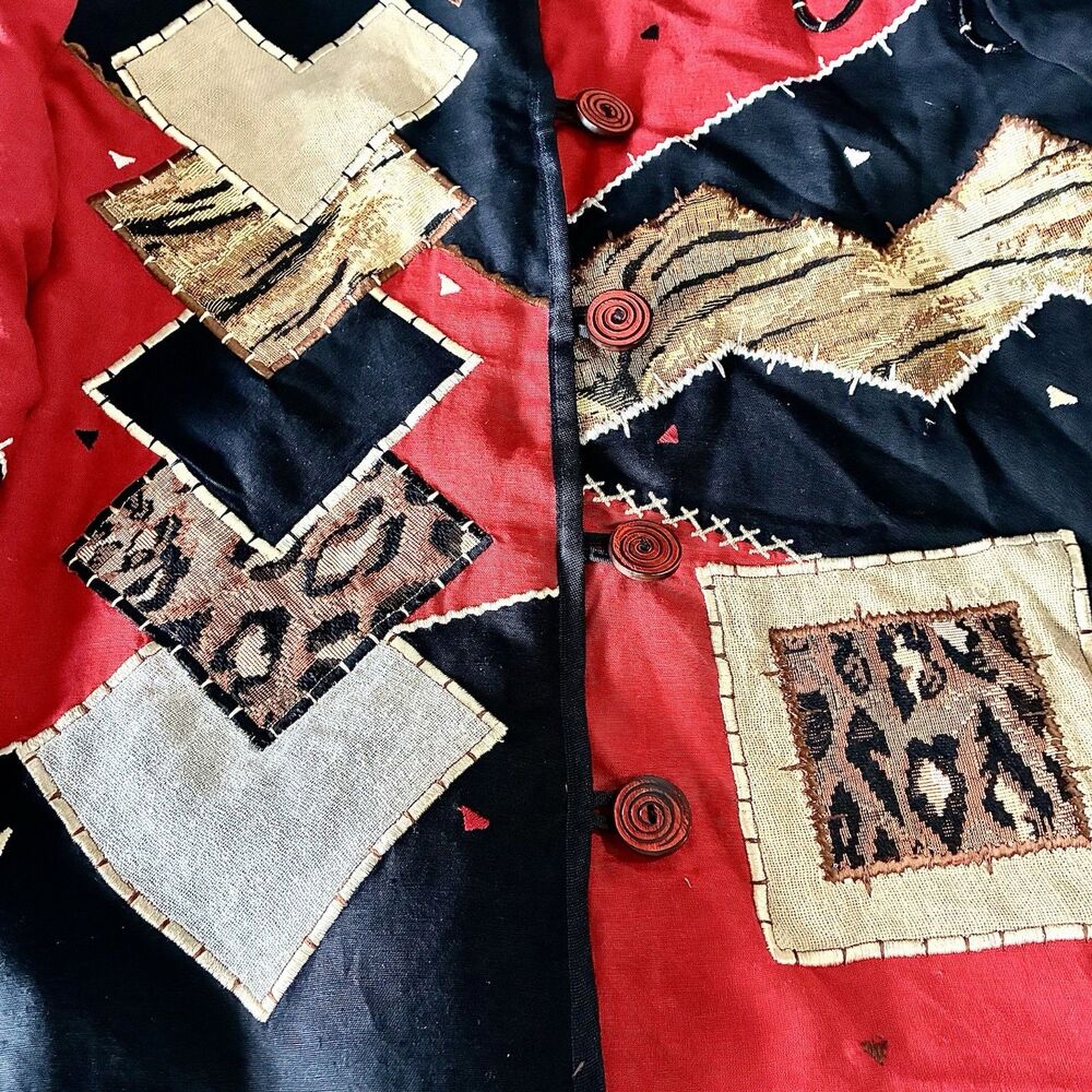 Vintage Indigo Moon Art to Wear Animal Patchwork Embroidered Jacket M Red Black - Picture 11 of 11